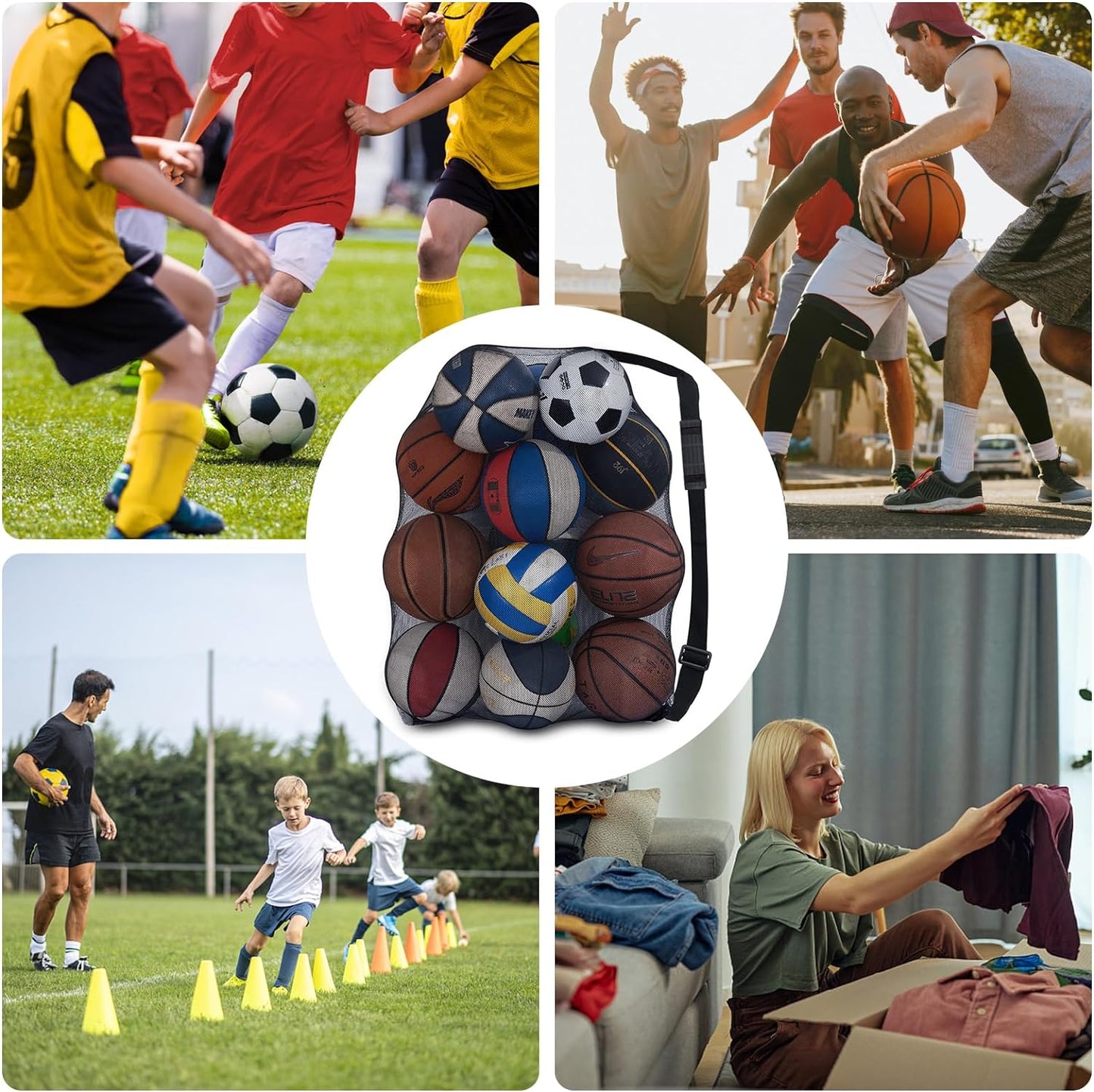 Heavy Duty Football Net Bag (10-12 Balls) Basketball Tennis Bag for Coaches Football Ball Bag Net Extra Large Mesh Drawstring Bag (Bar Strap No Pocket, 2)