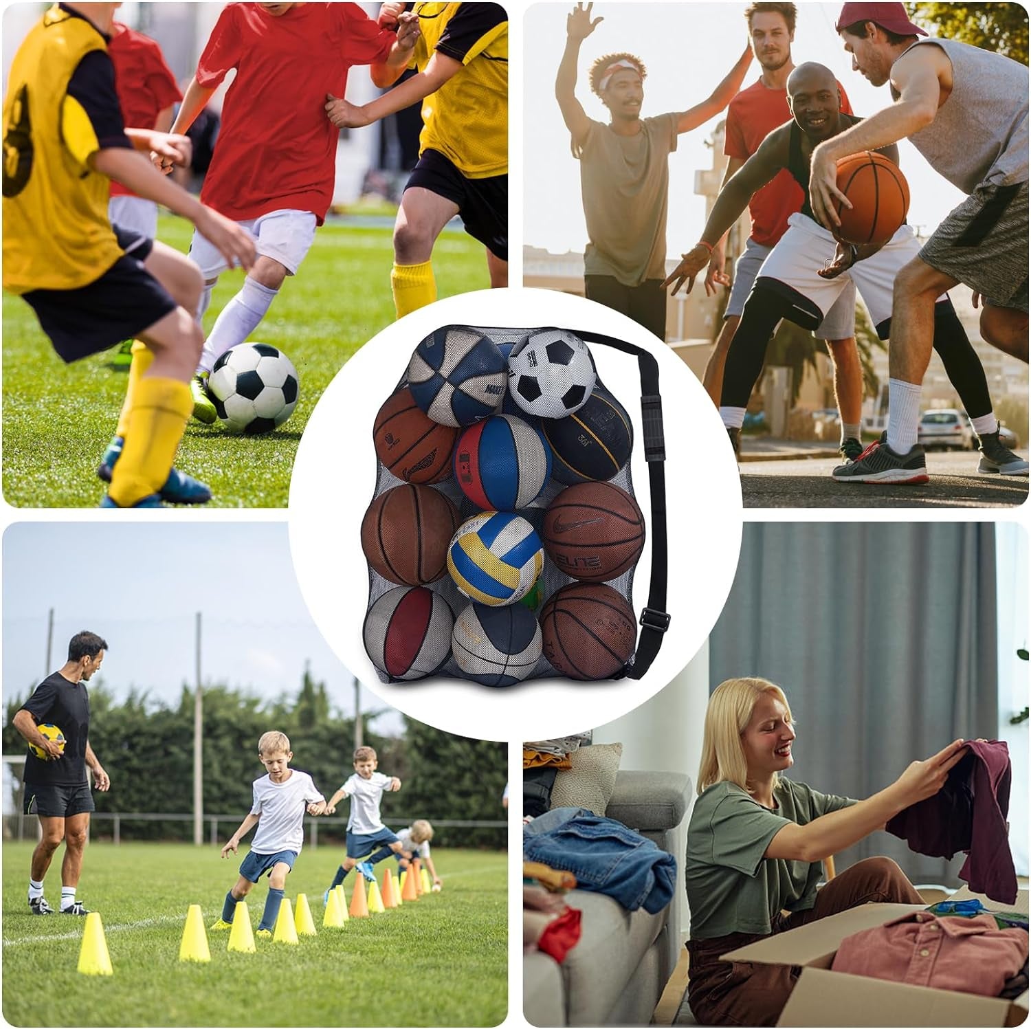 Heavy Duty Football Net Bag (10-12 Balls) Basketball Tennis Bag for Coaches Football Ball Bag Net Extra Large Mesh Drawstring Bag (Bar Strap No Pocket, 2)