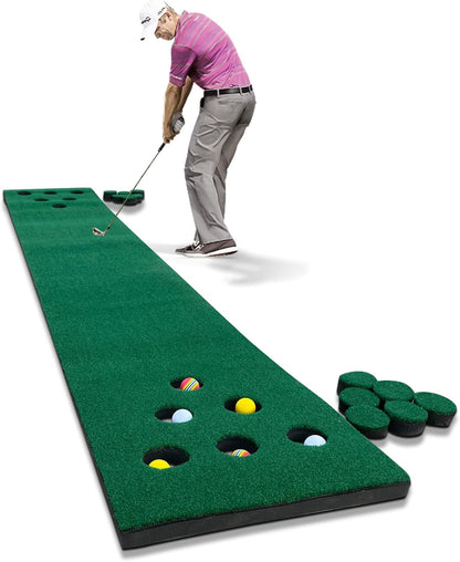Golf Putting Green Mat, Home Golf Putting Mats, Foldable Golf Mat Golf Training Aid Practice Mat, Golf Putting Game Set with 6 Golf Balls 12 Hole Covers, Golf Gifts, 9.84Ft X 1.64Ft (Flannelette)