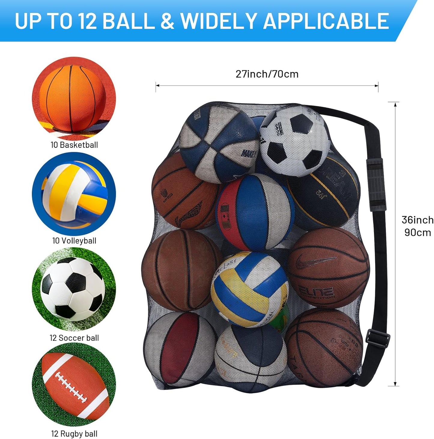 Heavy Duty Football Net Bag (10-12 Balls) Basketball Tennis Bag for Coaches Football Ball Bag Net Extra Large Mesh Drawstring Bag (Bar Strap No Pocket, 2)