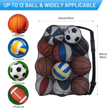 Heavy Duty Football Net Bag (10-12 Balls) Basketball Tennis Bag for Coaches Football Ball Bag Net Extra Large Mesh Drawstring Bag (Bar Strap No Pocket, 2)